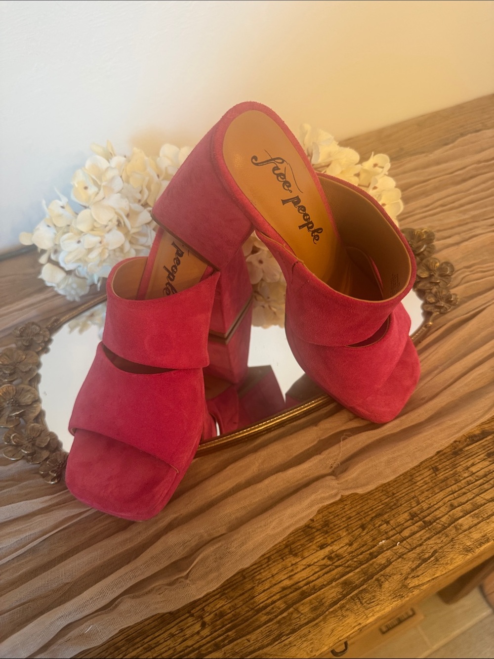 Free People Love is Everywhere Hot Pink Suede Open-Toe Block Heel Mules